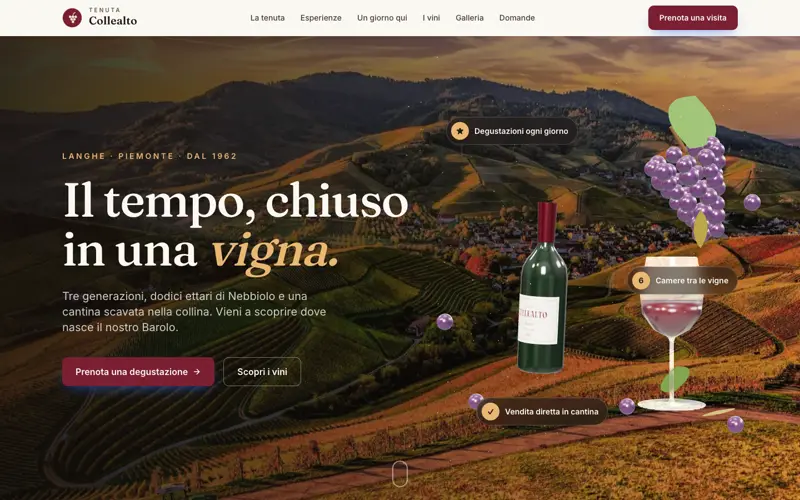 Vista previa de la demo Tenuta Collealto: colinas de las Langhe con una botella, una copa y un racimo de uvas en 3D