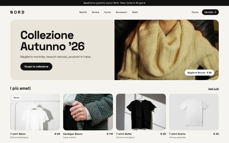 Concept di e-commerce per NORD Atelier: banner della collezione autunno e griglia dei prodotti più amati con prezzi
