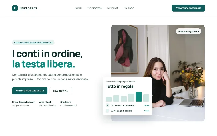 Concept di sito per lo Studio Ferri, commercialisti: titolo “I conti in ordine, la testa libera” e anteprima dell'area clienti